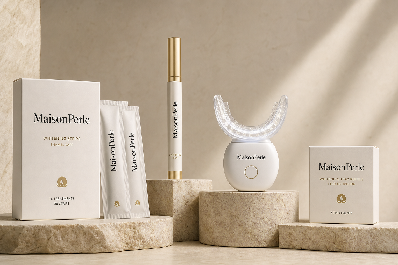 MaisonPerle whitening collectie met strips, whitening pen, LED kit en refill