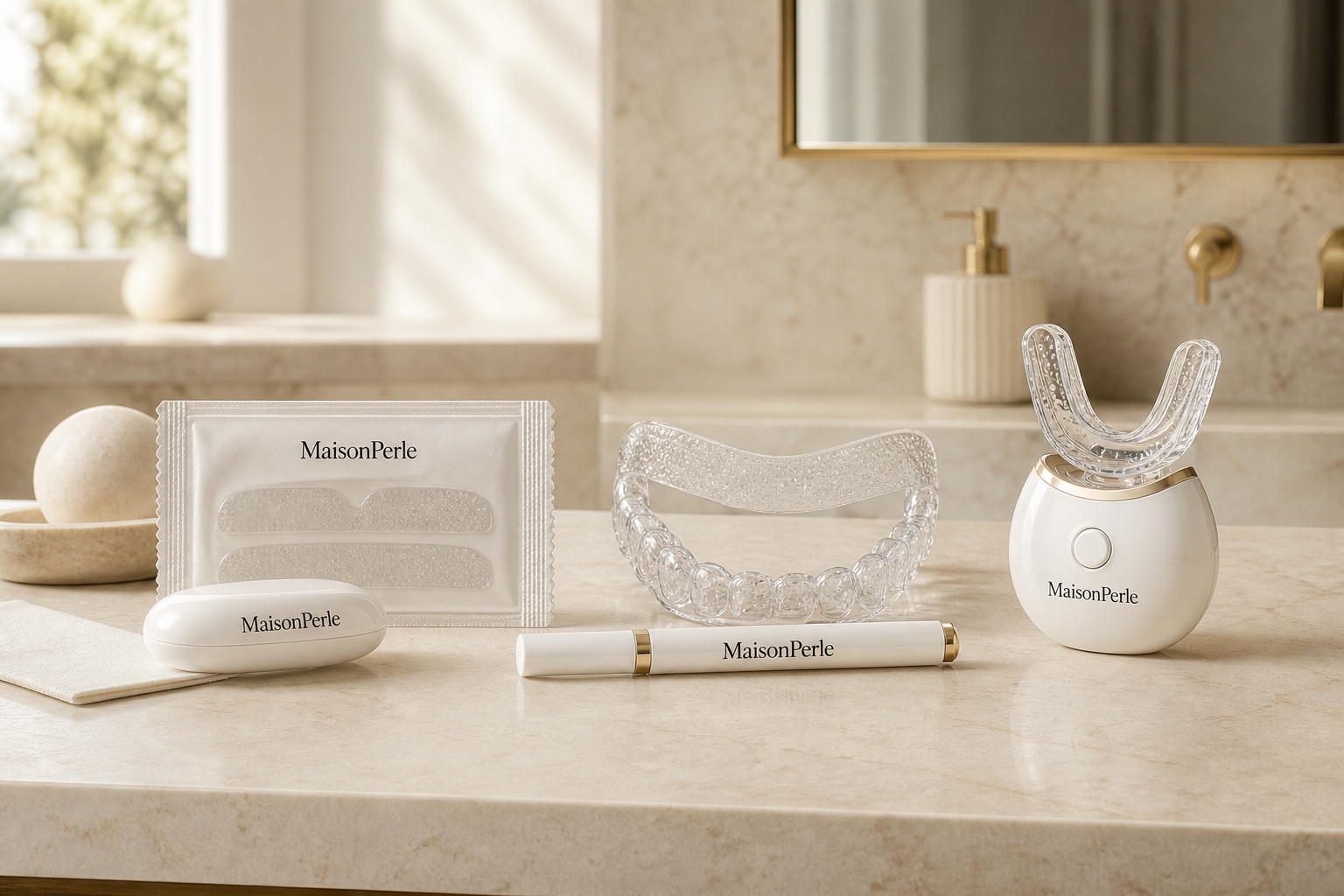 MaisonPerle whitening strips, pen en LED apparaat met logo als visuele gebruikshandleiding